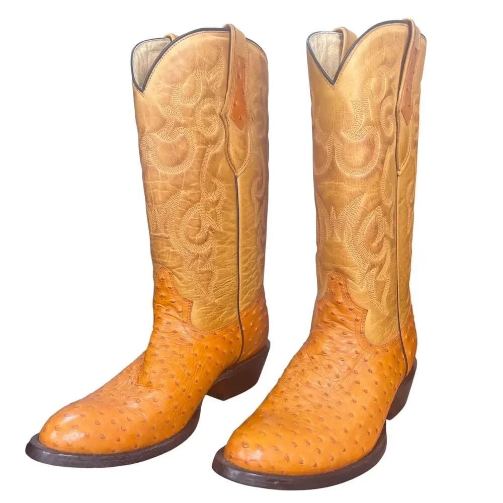 Soto Boots Ostrich Print Yellow Cognac Wide Cowboy Boots Size 10 EE